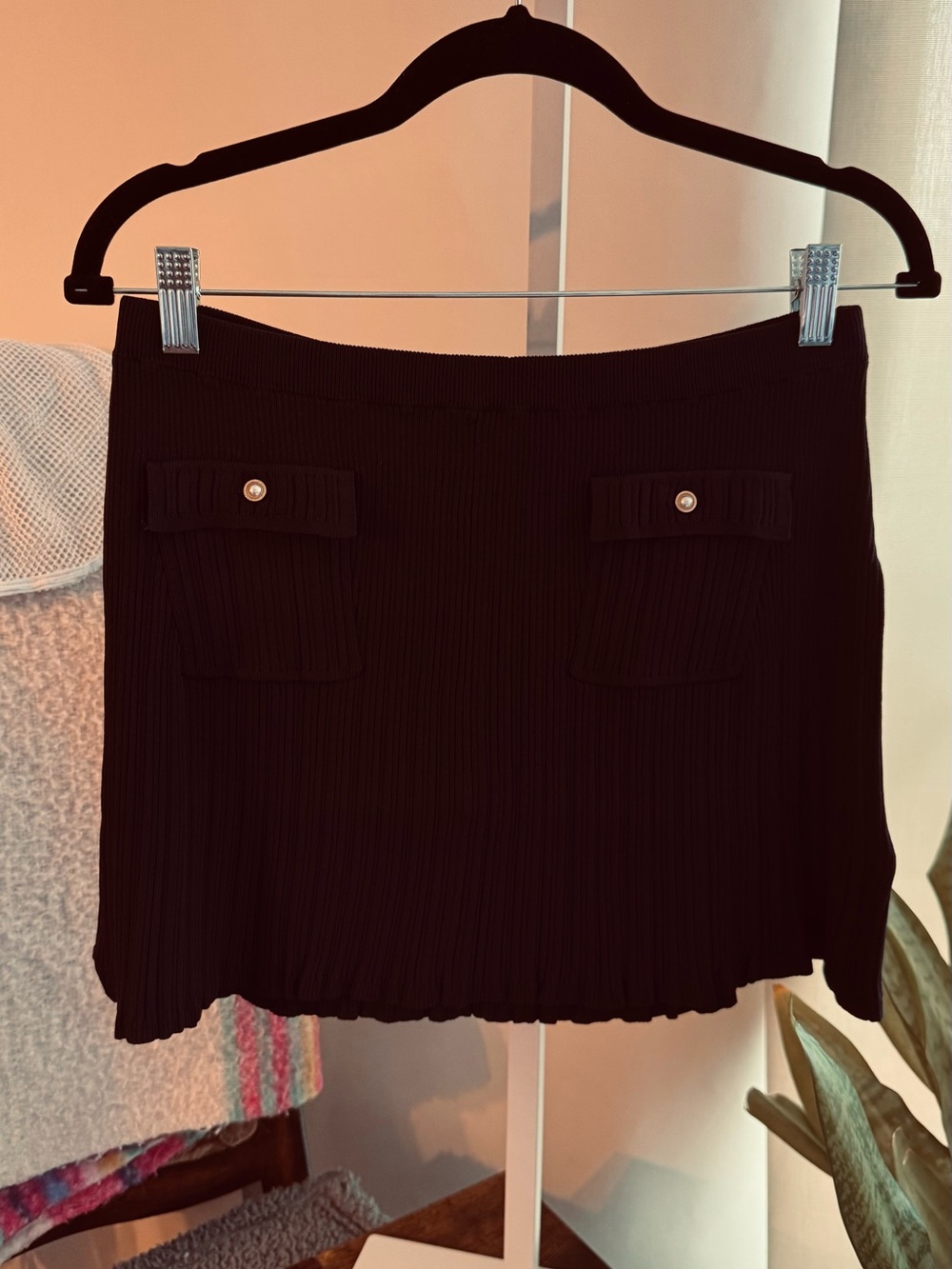 French Connection Navy Ribbed Mini Skirt with Pocket Flaps